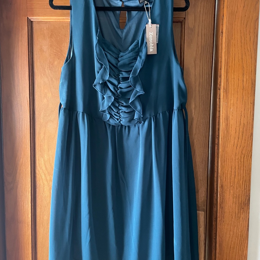 Zenobia Blue Ruched Cowl Neck Midi Dress